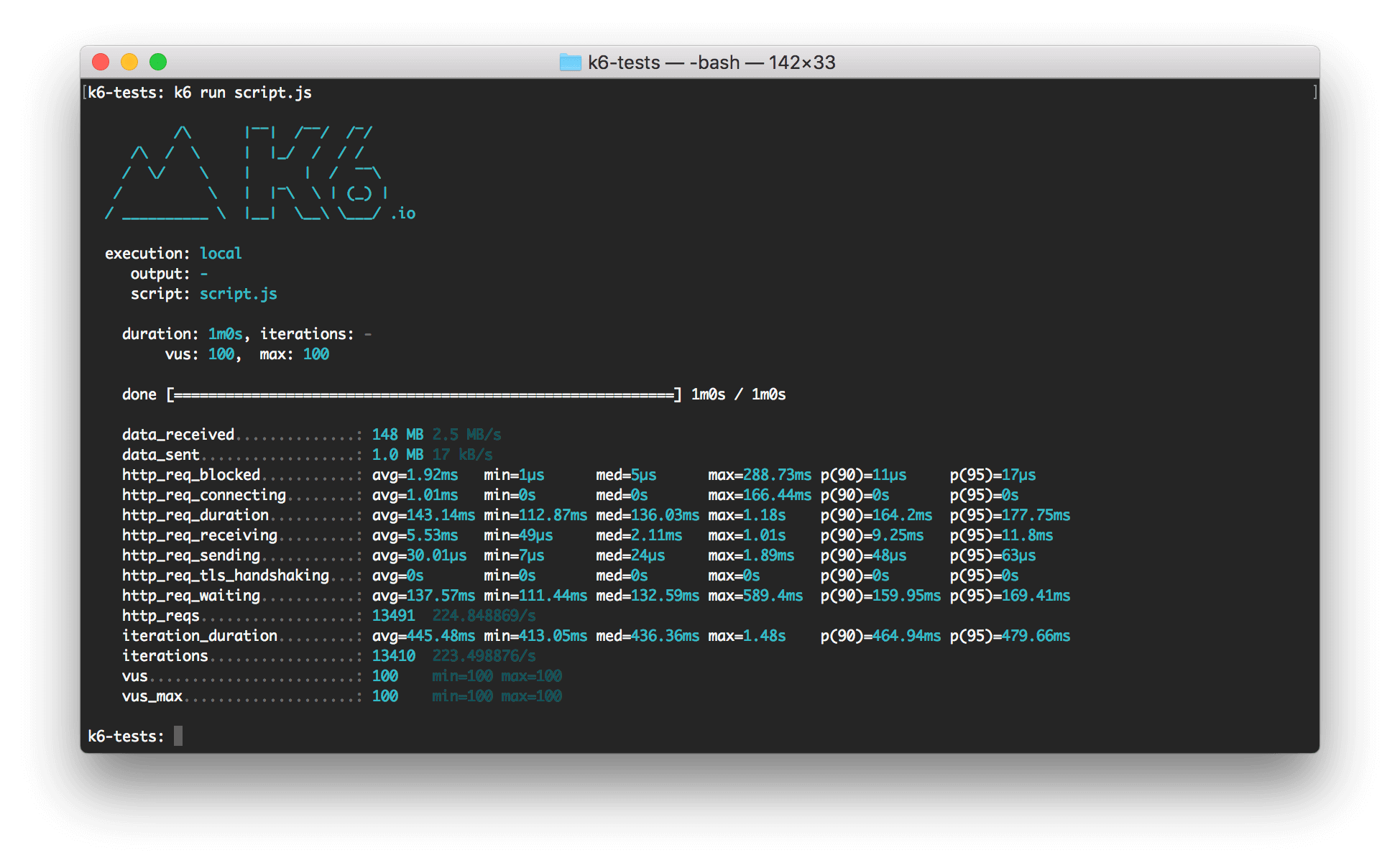 k6 results - console/stdout output